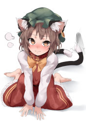 Rule 34 | 1girl, animal ears, brown hair, cat ears, cat tail, chen, hat, multiple tails, short hair, simple background, solo, tail, touhou, white background, yana (nekoarashi)