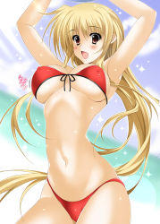 Rule 34 | 00s, 1girl, armpits, bad anatomy, bikini, blonde hair, blush, bouncing breasts, breasts, fate testarossa, front-tie top, highres, large breasts, long hair, lyrical nanoha, mahou shoujo lyrical nanoha, mahou shoujo lyrical nanoha strikers, navel, oda ken&#039;ichi, open mouth, red bikini, red eyes, solo, swimsuit, underboob, very long hair