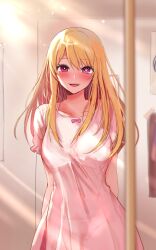 Rule 34 | 1girl, absurdres, blonde hair, blurry, blurry foreground, blush, bow, bow panties, bra, breasts, collarbone, commentary request, cowboy shot, dress, highres, hoshino ruby, indoors, large breasts, long hair, looking at viewer, mismatched pupils, no pupils, open mouth, oshi no ko, panties, parted bangs, pink dress, puffy short sleeves, puffy sleeves, see-through, see-through dress, short sleeves, sidelocks, smile, solo, star-shaped pupils, star (symbol), sunlight, symbol-shaped pupils, teeth, textless version, underwear, upper teeth only, variant set, watasi tokimi