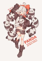 Rule 34 | 1girl, absurdres, ahoge, animal, animal ears, arm up, black eyes, black footwear, black shorts, boots, commentary request, dated, grey background, highres, long sleeves, looking at viewer, lying, midriff, navel, on back, one eye closed, open mouth, original, panda, panda ears, personification, pillow, raglan sleeves, romaji text, shiraho (color-56), short hair, shorts, sleeves past fingers, sleeves past wrists, solo, sweater, wavy mouth, white hair, zipper pull tab