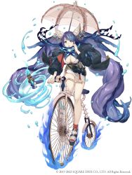 Rule 34 | 1girl, absurdly long hair, absurdres, adjusting scarf, aqua eyes, belt, bike horn, bottle, breasts, cosplay, fins, full body, highres, ji no, large breasts, little match girl (sinoalice), little match girl (sinoalice) (cosplay), long hair, looking at viewer, ningyo hime (sinoalice), official art, parasol, penny-farthing, purple hair, scarf, sinoalice, solo, square enix, umbrella, very long hair, water, white background
