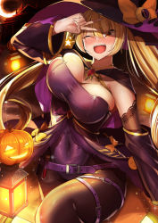 Rule 34 | 1girl, azur lane, belt, blonde hair, blush, bouncing breasts, breasts, brown eyes, cleavage, commentary request, covered erect nipples, detached sleeves, hat, jack-o&#039;-lantern, jewelry, kirome (kamipaper), large breasts, long hair, necklace, nelson (azur lane), nelson (luna witch) (azur lane), one eye closed, open mouth, pantyhose, smile, solo, sweatdrop, thighs, twintails, unaligned breasts, v, vial, wide hips, witch hat