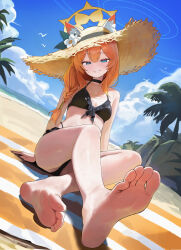 Rule 34 | 1girl, absurdres, animal ear fluff, animal ears, bare arms, bare legs, bare shoulders, barefoot, beach, bikini, black bikini, blue archive, blue eyes, blush, braid, breasts, cat ears, collarbone, day, feet, flower, halo, hat, hat flower, highres, long hair, looking at viewer, mari (blue archive), navel, ocean, open mouth, orange hair, outdoors, setakman, single braid, sitting, small breasts, soles, solo, straw hat, swimsuit, toes, white flower, yellow halo