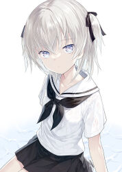 Rule 34 | 1girl, black bow, black neckerchief, black skirt, blue eyes, bow, capriccio, commentary request, grey hair, hair between eyes, hair bow, looking at viewer, neckerchief, original, parted lips, pleated skirt, sailor collar, school uniform, serafuku, shirt, short sleeves, sitting, skirt, solo, two side up, white background, white sailor collar, white shirt