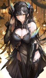 Rule 34 | 1girl, autumn leaves, black dress, black gloves, black hair, black thighhighs, breasts, cleavage cutout, clothing cutout, curled horns, demon girl, detached sleeves, dress, elbow gloves, gloves, highres, horns, kachi, lamppost, large breasts, long hair, mole, mole under eye, original, outdoors, sidelocks, single elbow glove, solo, thighhighs, tree, very long hair, yellow eyes