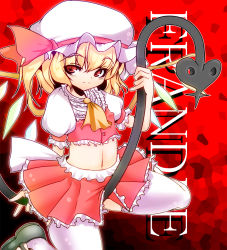 Rule 34 | 1girl, between legs, blonde hair, character name, covered erect nipples, embodiment of scarlet devil, english text, engrish text, female focus, flandre scarlet, hat, laevatein, midriff, navel, ranguage, red eyes, seductive smile, short hair, shoushinmono, smile, solo, tanaka ginji, thighhighs, touhou, white thighhighs, wings