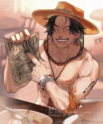 Rule 34 | 1boy, arm tattoo, armlet, bead bracelet, bead necklace, beads, black hair, bowl, bracelet, closed eyes, dm 0820, elbows on table, food, food on face, freckles, grin, hat, highres, jewelry, male focus, monkey d. luffy, muscular, necklace, one piece, orange hat, pasta, pectorals, plate, pointing, portgas d. ace, restaurant, round eyewear, short hair, smile, solo, straw hat, sunglasses, table, tattoo, teeth, topless male, twitter username, upper body, upper teeth only, wanted