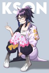 Rule 34 | 1girl, absurdres, black hair, blue eyes, breasts, choker, cleavage, collarbone, crop top, floral print, glasses, grin, highres, jacket, kson, kuroumikei, looking at viewer, middle finger, multicolored clothes, multicolored jacket, ponytail, sarashi, shoes, simple background, smile, solo, souchou, two-tone jacket, virtual youtuber