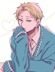 Rule 34 | 1boy, artist name, blonde hair, blue eyes, blue sweater, buttons, collared shirt, commentary request, elbow rest, expressionless, hand up, head rest, heart, katagiri atsuko, long sleeves, looking at viewer, male focus, parted bangs, parted lips, shirt, short hair, simple background, sleeves past wrists, solo, spy x family, sweater, twilight (spy x family), upper body, white background, white shirt, wing collar