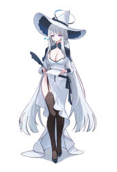 Rule 34 | 1girl, absurdres, ash (cat7evy), black footwear, black thighhighs, blue archive, breasts, cleavage, closed mouth, dress, full body, garter straps, grey hair, halo, hat, heart, highres, holding, holding quill, large breasts, long hair, long sleeves, mechanical halo, noa (blue archive), purple eyes, quill, shoes, simple background, smile, solo, thighhighs, white background, white dress, white hat, witch hat