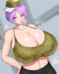 Rule 34 | 1girl, absurdres, armpits, bare shoulders, black pants, bloody panther (last origin), blouse, blue eyes, breasts, camouflage, character request, chewing gum, cleavage, forehead, green hat, green shirt, hand on own hip, hat, highres, huge breasts, last origin, looking away, pants, parted bangs, purple hair, shirt, short hair, skindentation, solo, sports bra, steaming body, sweat, taut clothes, taut shirt, tokitamago (sasakitoki)
