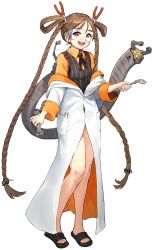 Rule 34 | 1girl, braid, brown hair, doctor (last origin), full body, game cg, hair pliers, hair rings, highres, kakiman, lab coat, last origin, long hair, looking at viewer, official art, open mouth, pliers, ribbon, safety glasses, sandals, smile, solo, tachi-e, transparent background, twin braids, very long hair, vest, wrench