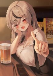 Rule 34 | 1girl, absurdres, alternate costume, beer mug, black hair, black necktie, black skirt, blurry, blurry background, blush, braid, breasts, chopsticks, cleavage, collared shirt, cup, fang, froth, grey hair, hand on own cheek, hand on own face, highres, hololive, large breasts, long hair, mug, multicolored hair, necktie, open mouth, pointing, pointing at viewer, red eyes, sakamata chloe, shirt, skirt, streaked hair, two-tone hair, undone necktie, virtual youtuber, white shirt, yu seol 69