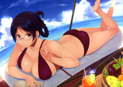 Rule 34 | 10s, 1girl, 3:, absurdres, ass, barefoot, bikini, blush, book, braid, breasts, butt crack, cleavage, cloud, cup, day, drinking glass, drinking straw, folded ponytail, full body, glasses, highres, large breasts, legs up, long hair, lying, on stomach, open book, ridget (suisei no gargantia), sasamori tomoe, sideboob, sky, solo, strap gap, strap pull, suisei no gargantia, swimsuit, the pose, water