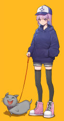 Rule 34 | 1girl, alternate hairstyle, anchor symbol, baseball cap, black thighhighs, blue hoodie, blunt bangs, blush, boots, closed mouth, colored inner hair, creature, full body, hair down, hand in pocket, hat, highres, hololive, hood, hoodie, leash, long hair, looking away, mikan (chipstar182), minato aqua, multicolored hair, neko (minato aqua), pink footwear, purple eyes, shoes, short shorts, shorts, sidelocks, simple background, skindentation, smile, sneakers, solo, streaked hair, thighhighs, two-tone hair, virtual youtuber, yellow background