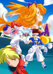 Rule 34 | 2boys, 3girls, :d, ace (twinbee), animal ears, armor, asoka, baggy pants, bare shoulders, beach, blonde hair, blue eyes, bow, breasts, bridal gauntlets, brown eyes, brown hair, cargo pants, clenched hands, clothes writing, cloud, curly hair, day, elbow gloves, everyone, fairy, flute (twinbee), flying, gloves, green eyes, hair bow, hairband, headband, jewelry, jumping, light, light (twinbee), long hair, looking afar, looking at viewer, looking back, looking down, medium breasts, melody-joou, mountain, multiple boys, multiple girls, necklace, off shoulder, open mouth, orange hair, outdoors, outstretched arms, own hands clasped, own hands together, pants, pastel (twinbee), pauldrons, pendant, pink hair, praying, purple eyes, red hair, robot, shirt, shoes, short hair, shoulder armor, sideboob, sky, smile, sneakers, spiked hair, spread arms, tank top, turtleneck, twinbee, twinbee (character), very long hair, water, white gloves, winbee, wings, yellow eyes