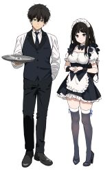 Rule 34 | 1boy, 1girl, alternate costume, apron, black dress, black footwear, black necktie, black pants, black shirt, black vest, breasts, buttons, chitanda eru, closed mouth, collared shirt, dot nose, dress, enmaided, full body, green eyes, hair ornament, hairpin, hand in pocket, highres, holding, holding tray, hyouka, large breasts, long hair, looking at viewer, maid, maid apron, maid headdress, mery (yangmalgage), necktie, oreki houtarou, own hands together, pants, purple eyes, scrunchie, shirt, shoes, simple background, skindentation, smile, standing, thighhighs, tray, vest, waiter, white apron, white background, white shirt, white thighhighs, wrist scrunchie