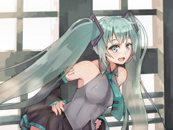 Rule 34 | 1girl, detached sleeves, green eyes, green hair, hands on own hips, hatsune miku, highres, leaning forward, lingyan heiye, long hair, looking at viewer, matching hair/eyes, necktie, open mouth, skirt, solo, tattoo, twintails, very long hair, vocaloid, window