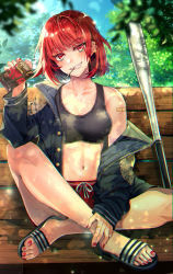 Rule 34 | 1girl, bandaid, bare shoulders, baseball bat, beach, blue sky, blunt bangs, blush, breasts, chocho (homelessfox), day, earrings, food, grin, highres, indian style, jacket, jewelry, looking at viewer, nail polish, navel, off shoulder, original, outdoors, pocky, red eyes, red hair, red nails, sandals, short hair, shorts, sitting, sky, slit pupils, smile, solo, sports bra, sweat
