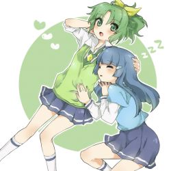 Rule 34 | 10s, 2girls, aoki reika, blue hair, blush, green eyes, green hair, green sweater vest, hand on another&#039;s head, long hair, lying on person, midorikawa nao, multiple girls, open mouth, ponytail, precure, prussian blue, school uniform, short hair, skirt, sleeping, sleeves rolled up, smile precure!, sweater vest
