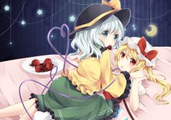 Rule 34 | 2girls, aqua eyes, blonde hair, chocolate syrup, crescent, flandre scarlet, food, fruit, girl on top, holding hands, hat, hat ribbon, heart, heart of string, interlocked fingers, komeiji koishi, long sleeves, looking at viewer, lying, mob cap, mouth hold, multiple girls, on back, open mouth, plate, puffy short sleeves, puffy sleeves, red eyes, ribbon, shirt, short sleeves, side ponytail, silver hair, skirt, star (symbol), strawberry, touhou, wide sleeves, wings, yuri, yuria (kittyluv)