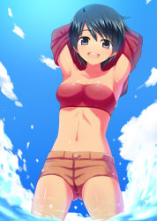 Rule 34 | 10s, 1girl, :d, armpits, arms behind head, arms up, bandeau, black hair, breasts, cleavage, clothes lift, cloud, cowboy shot, day, kantai collection, looking at viewer, medium breasts, mogami (kancolle), navel, open mouth, purple eyes, shirt, shirt lift, short hair, short shorts, shorts, sky, smile, solo, splashing, sports bra, standing, undressing, unikurage, wading, wet