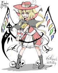 Rule 34 | 1girl, alternate costume, black capelet, black footwear, blonde hair, boots, capelet, character name, crystal, dress, fang, fangs, flandre scarlet, frilled dress, frills, full body, hat, hat ornament, hat ribbon, highres, holding, holding weapon, laevatein (touhou), looking at viewer, mikairu heven, red dress, red eyes, red hat, ribbon, side ponytail, simple background, sketch, skull, skull hat ornament, slit pupils, smile, solo, touhou, weapon, white background, wings