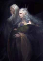 Rule 34 | 1girl, 2boys, baby, back, big hair, black background, blue eyes, braid, carrying, closed mouth, elf, extra, eyelashes, family, formal, grey nails, highres, husband and wife, jewelry, tolkien&#039;s legendarium, legolas, lips, long hair, long sleeves, looking away, multiple boys, nail polish, necklace, pointy ears, profile, sidelocks, the hobbit, the lord of the rings, thranduil, truelion, very long hair, wavy hair, white hair, wide sleeves
