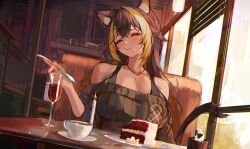 Rule 34 | 1girl, ^ ^, animal ears, bare shoulders, black shirt, blush, booth seating, breasts, cake, cake slice, candle, cat ears, cat tail, closed eyes, coffee, cup, drinking glass, dutch angle, eating, fire, food, food on face, highres, holding, holding utensil, indoors, jewelry, large breasts, long hair, mug, multicolored hair, naokomama, necklace, nekoyo chloe, shirt, smile, solo, spoon, tail, virtual youtuber, wine glass