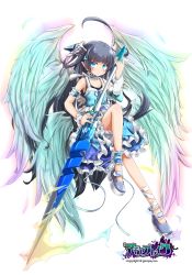 Rule 34 | 1girl, ahoge, akino coto, ankle garter, arm garter, asymmetrical clothes, black hair, blue eyes, detached sleeves, frills, full body, hair ornament, highres, lance, long hair, looking at viewer, multicolored wings, official art, original, pointy ears, polearm, revision, single detached sleeve, solo, transparent background, weapon, wings
