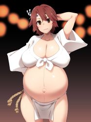 Rule 34 | 1girl, absurdres, arm behind head, big belly, blush, breasts, brown eyes, brown hair, cleavage, cowboy shot, curvy, fundoshi, headband, highres, huge breasts, japanese clothes, kuronyan, looking at viewer, medium hair, navel, night, original, outie navel, parted lips, pregnant, shiny skin, shirt, sidelocks, solo, standing, thighs, tied shirt