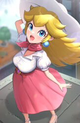 Rule 34 | 1girl, :d, blonde hair, blue eyes, breasts, day, earrings, from above, gonzarez, hat, high heels, highres, jewelry, large breasts, lips, long hair, long skirt, looking at viewer, mario (series), nintendo, open mouth, outdoors, pink lips, pink skirt, princess peach, princess peach (vacation), shirt, skirt, smile, solo, sphere earrings, sun hat, super mario odyssey, white hat, white shirt