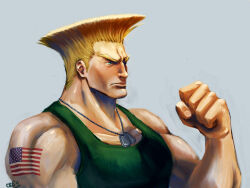 Rule 34 | 1boy, american flag tattoo, bara, blonde hair, blush, clenched hand, cris art, dog tags, from side, frown, guile, large pectorals, long sideburns, male focus, mature male, muscular, muscular male, pectorals, short hair, sideburns, solo, street fighter, thick eyebrows, upper body