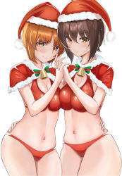 Rule 34 | 2girls, bell, bikini, blush, bow, bowtie, breasts, brown eyes, brown hair, capelet, christmas, cleavage, closed mouth, commentary, fur-trimmed capelet, fur trim, girls und panzer, green bow, green bowtie, halterneck, hand on another&#039;s waist, hat, highres, holding hands, interlocked fingers, looking at viewer, mamaa (maeni6379), medium breasts, multiple girls, navel, neck bell, nishizumi maho, nishizumi miho, red bikini, red capelet, red headwear, santa bikini, santa hat, short hair, siblings, side-by-side, simple background, sisters, smile, swimsuit, white background