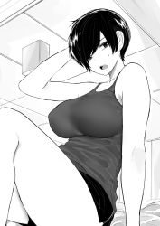 Rule 34 | 1girl, arm behind head, breasts, commentary, english commentary, greyscale, gym shorts, highres, impossible clothes, impossible shirt, large breasts, looking at viewer, monochrome, norman maggot, olive laurentia, open mouth, original, pixie cut, shirt, short hair, shorts, sitting, solo, sweat, tank top