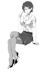 Rule 34 | 10s, 1girl, blush, bra, breasts, choker, cleavage, glasses, greyscale, hakamichi shizune, high heels, katawa shoujo, large breasts, crossed legs, lingerie, moekki, monochrome, nail polish, office lady, aged up, one eye closed, pantyhose, pencil skirt, shirt, shoes, short hair, sitting, skirt, sleeves rolled up, solo, spot color, unbuttoned, underwear, wink