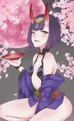 Rule 34 | 1girl, a9 (repainter), bare shoulders, blush, bob cut, breasts, cherry blossoms, collarbone, eyeliner, fang, fate/grand order, fate (series), full moon, headpiece, horns, japanese clothes, kimono, long sleeves, looking at viewer, makeup, moon, obi, off shoulder, oni, parted lips, purple eyes, purple hair, purple kimono, red moon, revealing clothes, sash, short hair, shuten douji (fate), sitting, skin-covered horns, small breasts, smile, thighs, wide sleeves