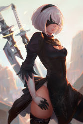 Rule 34 | 1girl, 2b (nier:automata), black dress, black gloves, black thighhighs, blindfold, breasts, cleavage, cleavage cutout, clothing cutout, covered eyes, cowboy shot, dress, feather-trimmed sleeves, gloves, grey hair, hairband, hand on own thigh, koyorin, leotard, mole, mole under mouth, nier:automata, nier (series), sheath, sheathed, short dress, short hair, side slit, solo, thighhighs, thighs
