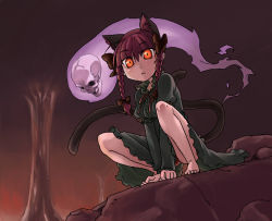 Rule 34 | 1girl, :&lt;, animal ears, arm support, barefoot, braid, cat ears, cat girl, cat tail, female focus, fenne, floating skull, from below, kaenbyou rin, multiple tails, panties, phenne, skull, slit pupils, solo, squatting, staring, tail, touhou, twin braids, twintails, underwear