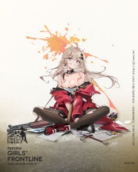 Rule 34 | 1girl, assault rifle, asymmetrical footwear, bare shoulders, black pantyhose, blue eyes, breasts, bullpup, character name, cleavage, clothes pull, commentary request, copyright name, crossed legs, earrings, floor, girls&#039; frontline, goti (gotie23), gun, highres, jacket, jacket pull, jewelry, long hair, medium breasts, mismatched footwear, mole, mole under eye, multicolored eyes, official art, on floor, paintbrush, pantyhose, paper, platinum blonde hair, prototype design, purple eyes, red jacket, rifle, shoes, smile, sneakers, solo, spray paint, tkb-408, tkb-408 (girls&#039; frontline), torn clothes, torn jacket, torn pantyhose, weapon
