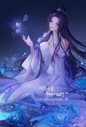 Rule 34 | 1girl, aathenes luo guo, absurdres, black hair, bug, butterfly, chinese clothes, facial mark, flower, forehead mark, glowing butterfly, hair bun, hair ornament, hand on own chest, highres, insect, long hair, lotus, lu xueqi (zhu xian), night, night sky, single hair bun, sitting, sky, sparkle, upper body, zhu xian