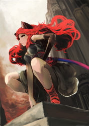 Rule 34 | 1girl, animal ears, arm support, bare shoulders, cat ears, character request, elbow gloves, from below, gloves, highres, magic: the gathering, nishinogi, open mouth, red hair, single elbow glove, single glove, solo, squatting, yellow eyes