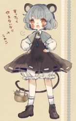 Rule 34 | 1girl, animal, animal ears, bad id, bad twitter id, basket, bloomers, blush, boots, capelet, dress, full body, grey hair, jewelry, long sleeves, mouse (animal), mouse ears, mouse tail, nazrin, necklace, open mouth, red eyes, short hair, simple background, socks, solo, tail, text focus, touhou, translation request, underwear, white socks, yujup