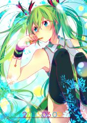 Rule 34 | 1girl, 39, aqua eyes, bad id, bad pixiv id, blowing bubbles, dated, green hair, hair ribbon, hatsune miku, long hair, necktie, ribbon, sitting, solo, thighhighs, twintails, very long hair, vocaloid, you chi27