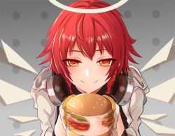 Rule 34 | 1girl, angel, arknights, burger, chinese commentary, closed mouth, commentary, commentary request, cupping hands, detached wings, english commentary, exusiai (arknights), food, gloves, gradient background, grey background, hair between eyes, halo, headphones, headphones around neck, highres, holding, holding food, jacket, looking at viewer, mixed-language commentary, own hands together, panties, red eyes, red hair, short hair, simple background, smile, solo, underwear, upper body, wenzheng147, white jacket, wings, yellow gloves