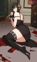 Rule 34 | 1girl, ass, bad id, bad pixiv id, black dress, black gloves, black hair, black thighhighs, blood, bloody weapon, blurry, blurry background, blush, boots, breasts, broken footwear, closed mouth, dagger, drawer, dress, earrings, fingerless gloves, flower, from behind, full body, gloves, gold earrings, gold hairband, hair flower, hair ornament, hairband, high heel boots, high heels, highres, holding, holding dagger, holding knife, holding weapon, jason kim, jewelry, knife, looking at viewer, looking back, lying, on floor, on side, red eyes, rose, short hair with long locks, sidelocks, solo, spikes, spy x family, stiletto (weapon), sweat, taut clothes, taut dress, thigh boots, thighhighs, thighs, weapon, yor briar