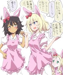 Rule 34 | +++, 3girls, andou (girls und panzer), animal ears, black hair, blonde hair, blue eyes, blush, bob (you-u-kai), bow, brown eyes, closed mouth, clothes lift, collared shirt, commentary request, dark-skinned female, dark skin, dress, dress lift, drill hair, fake animal ears, female pervert, frilled dress, frills, frown, gesture, girls und panzer, green eyes, hair bow, hand on own hip, holding hands, large bow, lifting another&#039;s clothes, long hair, looking at another, marie (girls und panzer), medium hair, messy hair, motion lines, multiple girls, open mouth, oshida (girls und panzer), pantyhose, pervert, pink bow, pink dress, rabbit ears, raised eyebrow, red bow, shirt, simple background, smile, squatting, squiggle, standing, translation request, white background, white legwear, white shirt