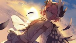 Rule 34 | 1girl, breasts, circe (fate), diadem, fate/grand order, fate (series), feathered wings, feathers, head wings, honda tamanosuke, jewelry, multicolored eyes, necklace, ocean, pink eyes, pink hair, pointy ears, short hair, skirt, small breasts, smile, solo, sunset, wings