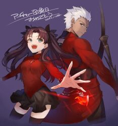 1boy 1girl archer_(fate) arrow_(projectile) black_pants black_shirt black_skirt black_thighhighs bow_(weapon) brown_eyes brown_hair coat dark-skinned_male dark_skin fate/stay_night fate_(series) gem green_eyes hair_ornament hair_slicked_back highres holding holding_arrow holding_bow_(weapon) holding_weapon jewelry long_coat long_hair looking_at_another looking_back mature_male miniskirt open_mouth pants pendant pleated_skirt purple_background red_coat red_gemstone red_sweater shibanui shirt skirt spiked_hair striped_clothes striped_shirt sweater thighhighs thighs tohsaka_rin weapon white_hair white_stripes zettai_ryouiki