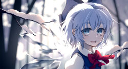 Rule 34 | 1girl, :d, blue bow, blue dress, blue eyes, blue hair, blurry, blurry background, bow, bowtie, branch, cirno, collared shirt, dise (psychoro), dress, hair bow, highres, ice, ice wings, looking at viewer, open mouth, puffy short sleeves, puffy sleeves, red bow, red bowtie, shirt, short sleeves, smile, snow, teeth, touhou, tree, upper body, upper teeth only, wings
